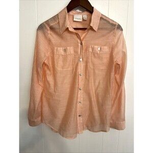 Chico’s Size 0 Button Down Blouse Light Peach Tab Sleeves Rayon Front Pockets
